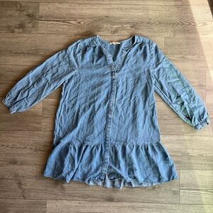 Loft Women’s Long Sleeve Button Down Dress Ruffle Hem Chambray Denim Linen Med